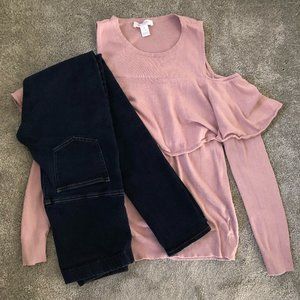 Motherhood Maternity Long Sleeve Top Cold Shoulder Pink and Dark Blue Jeans